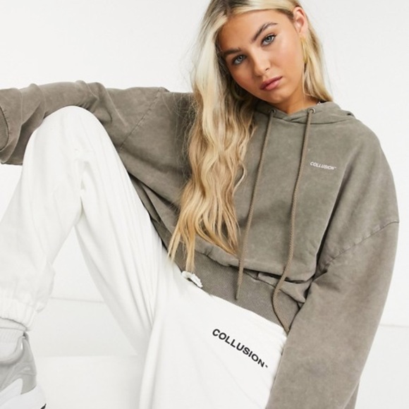 ASOS Sweaters - NWT Asos Collusion Acid Wash Crop Hoodie Top Sz14